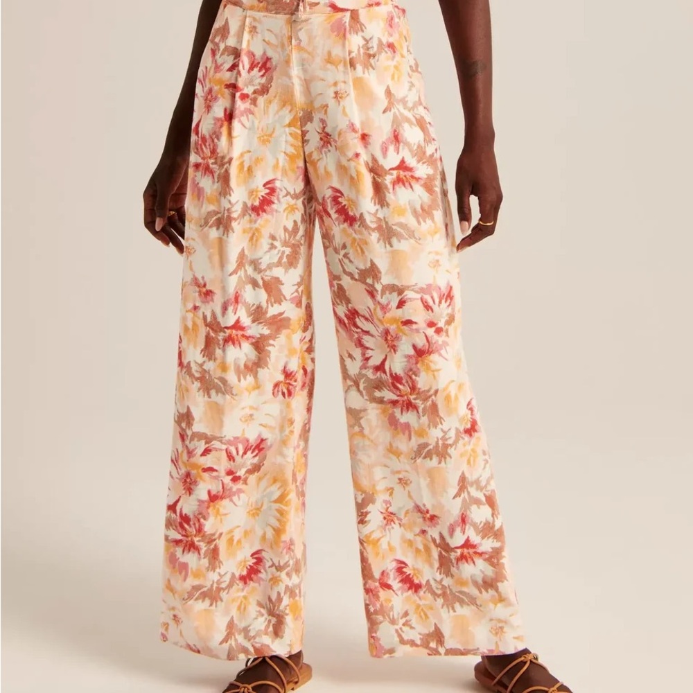 Abercrombie & Fitch Linen Pull On Peach Orange Pink Floral Wide Leg Pants - XS
